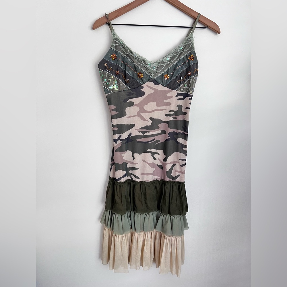 Green Camouflage Slip Midi Dress with Ruffle Hem